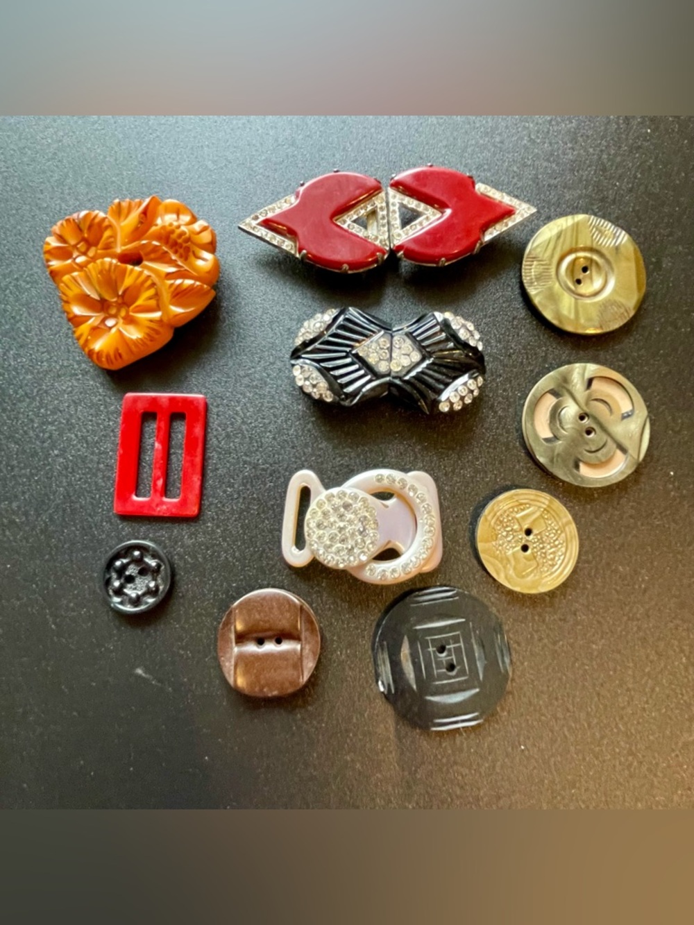 SOLD Bakelite Celluloid Rhinestone Buckles Buttons Lot 11